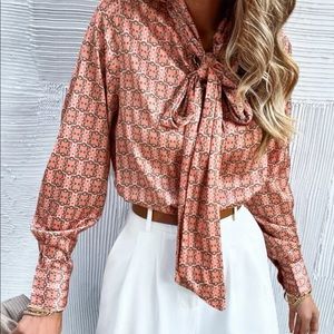 Geometric pattern polyester tie neck long sleeve top